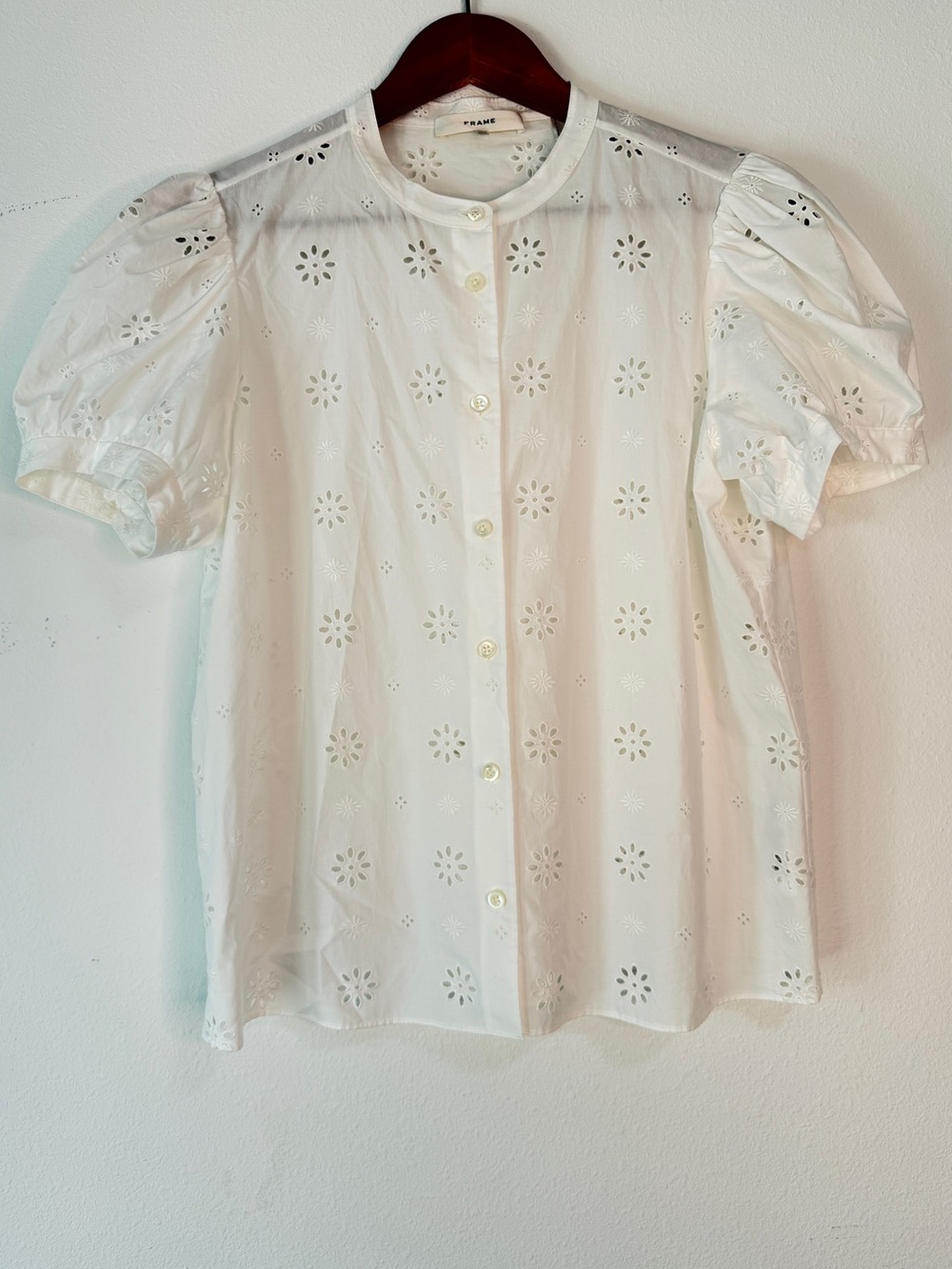 FRAME The Eyelet Gathered Top Womens White Floral Embroidered Cottagecore Chic